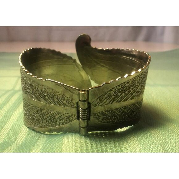Leaf Feather Design Vintage Silver Tone Hinged Cuff Bracelet  7.5 Boho Statement - Picture 3 of 11
